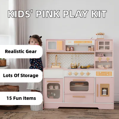 Pink Wooden Play Kitchen Kids Realistic Appliances Storage with 15 Fun Accessories Pretend Play Toy Sets for Ages 3+ Unisex