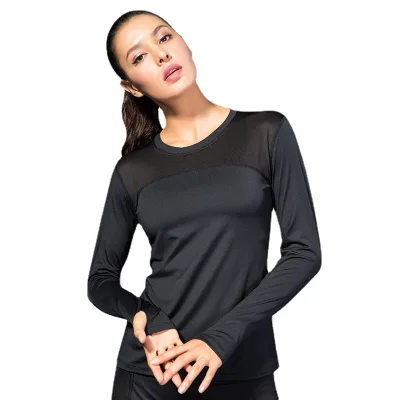 Women Skinny Fit Pro Round Neck Solid Yoga Tops Sport Running Quick Dry High Elasticity Gym Work Long Sleeves Tshirt Pocket 160g