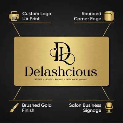 Custom-designed Flat Engraved Signs Nameplates, and High-end Aluminum Plaques for Beauty Salons.