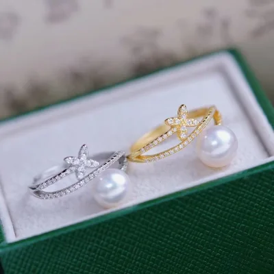 Diy Freshwater Pearl Accessories Brass Platinum Plated Thick Clover Fashion Sweet Ring Semi-Finished Women's