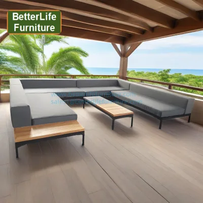 Outdoor Big Size Solid Wood Teak Coffee Table Outdoor Sofa Waterproof Sun-resistant Fabric Garden Leisure U Shape Courtyard Sofa