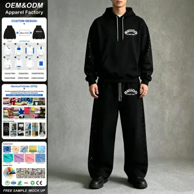 High Quality Fashion Custom Rhinestone Boxy Hoodie Sweatsuit and Baggy Sweatpants Heavyweight Vintage Set for Men