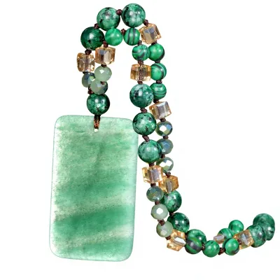 New European American-style square Green Aventurine Pendant Necklace Womens Vintage Natural Stone Handmade Hand-knotted