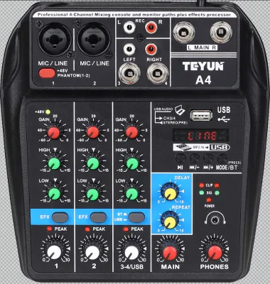 Teyun High Quality Mini 4 Channel Audio Mixer Console 48V Powered Wired Professional Model A4 Adjustable Voice 20Hz-20kHz