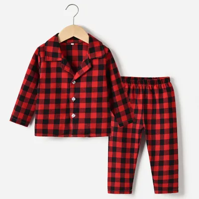 2024 Children's Spring Lapel Plaid Long-sleeved Pajamas