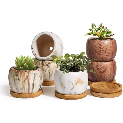 Multi Color Small Round Ceramic Pots with Marbleize and Wood Grain Pattern
