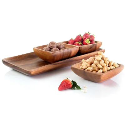 Set of 4 Rectangle Trays and Square Wooden Bowls Snack Serving Plate Set for Snacks