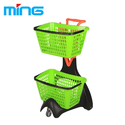 Convenience Store 2-Tier Metal Hand Trolley Shopping Cart with Basket 4 Inch Wheels Unfolding Design