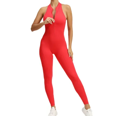 Hot Selling Hollow Out Soft Solid Color One Piece Long Pants with Zip Front Sports Jumpsuits for Women Yoga