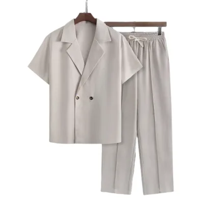 Spring and Autumn Casual Two-piece Suit Collar Short Sleeved Suit Jacket Top Paired with Drawstring Slanted Pocket Pants