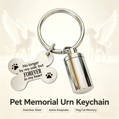 Pet Memorial Urn Keychain Stainless Steel Dog Cat Ashes Keepsake Cylinder Urn Pendant with Bone Tag