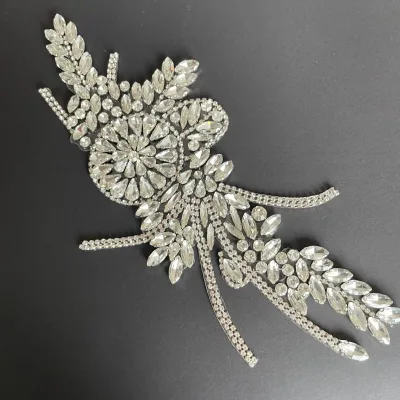 Premium Sparkling White Crystal Rhinestone Applique Trim Patch for Bridal Gown DIY Material Hot Fix