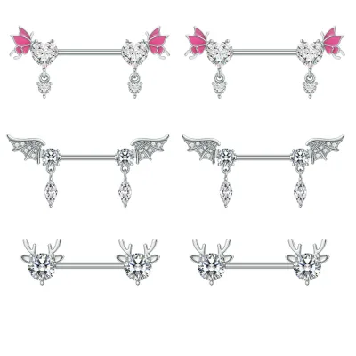 1Pairs Wings Antlers Zircon Dangled Bar Nipple Rings for Women 14G Surgical Steel Sexy Trendy Nipple Piercing Jewelry