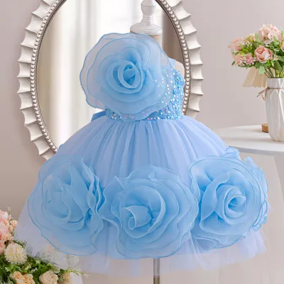 High-End Elegant Puffy Dress for Girls Princess Birthday Party Style with Short Sleeves and Three-Dimensional Rose Flower