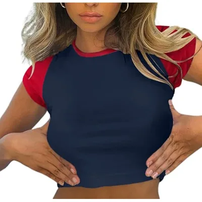 Cotton T Shirt Ribbed Color Block Raglan Crop Top Summer Round Neck Boxy Cropped T-Shirt for Women