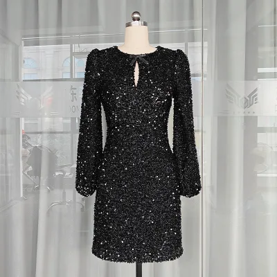 Elegant Women's Sequined Mini Bodycon Dress Long Sleeve and Lace Decori Empire Waistline Anti-Static Feature