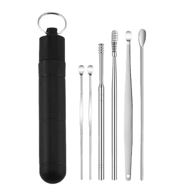 6PCS Handheld Ear Cleaner Tool Earpick Sticks Set Earwax Remover Curette Ear Pick Cleaning Black Ear Cleanser Spoon CN;GUA