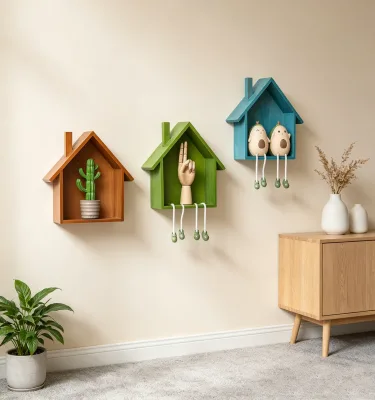 Wooden Modern Small House Home Wall Entrance Decoration Wall-Mounted Engraved Spray Painted Multifunction Decorative Shelf
