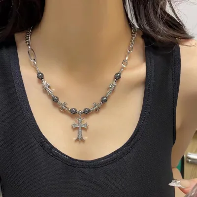 Shiny Crystal Zircon Punk Cross Pendant Necklace for Women Men Trendy Black Beads Chain Necklace Party Rock Jewelry Gift