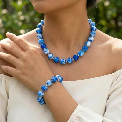 Marbled Blue Acrylic Necklace Bracelet Set Glossy Textured Round Beads with Gold-Tone Spacers Lobster Clasp Heart Extender Chain