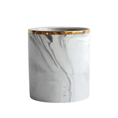 Grey Marble Color Cylinder Shape Ceramic Pencil Holder With Gold Rim