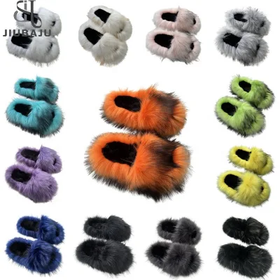 Cool Punk Y2k Hot Girls Furry Fur Slippers Women Flat Flip Flops Gradient Faux Raccoon Fox Fur Fluffy Slides Woman