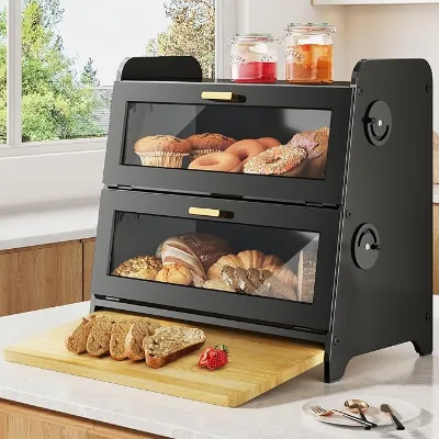 Wooden Cake Box Bread Storage Box Bamboo Bread Box Double-layer