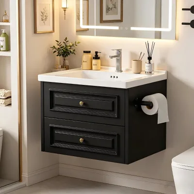 Vintage Embossed Panel Wall Mount Bathroom Vanity With Brass Hardware & Side Paper Towel Holder & 2 Soft Close Deep Drawers