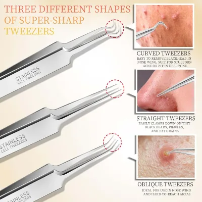 Professional Blackhead Tweezers and Pimple Popper Tool Kit Stainless Steel Cell Tweezers for Blackhead, Pimple, Whitehead, Acne