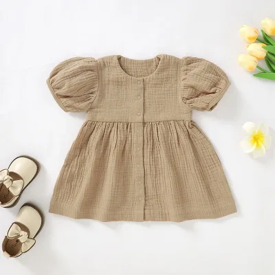 100% Cotton Gauze Crepe Puff Sleeve Summer Maxi Vintage Dresses for Baby Girl