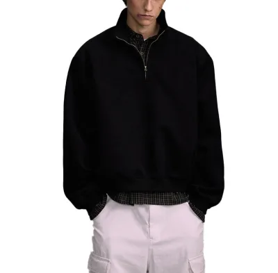 Men's Custom High Quality Heavyweight Oversized Loose Casual Streetwear Quater Zipper Stand Neck Sweatshirt 100% Cotton Solid