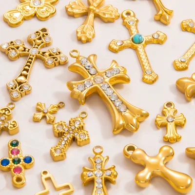 Divine Gold Plated Gem Encrusted Cross Themed Charms for Religious Ceremonies FLSCM12