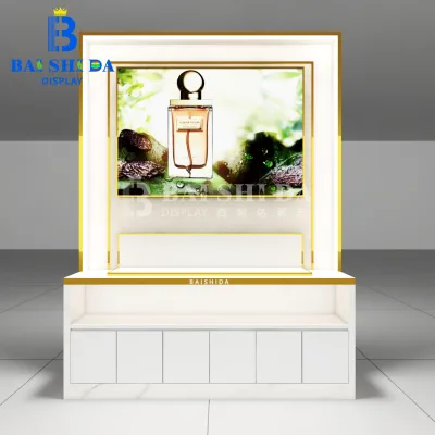 Custom Plywood Stainless Steel LED Lighting Fragrance Perfume Display Shelf Modern Luxury Retail Perfume Shop Showcase