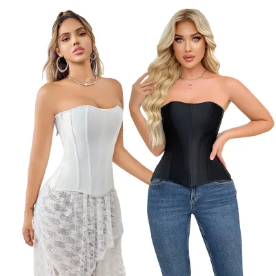 Women Overbust Corset Satin Vintage Style Bustier Top Corselet Zipper Corsetto Korsett Black White