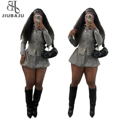 Streetwear Denim Skirt Sets Womens 2 Piece Outfit Set Birthday Club Party Long Sleeve Shirt Top and Mini Skirts Set