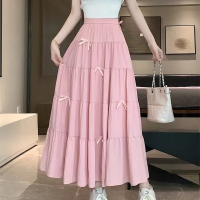 Solid Colored Breathable Chiffon Dress Vintage Style with Bowknot Decoration Natural Waistline Long Skirt One Size