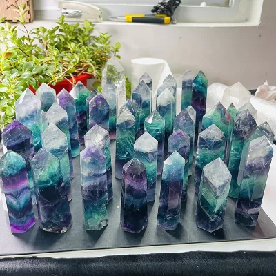 Wholesale Price Natural Rainbow Green and Purple Flourite Crystal Points Wand Quartz Polished Point Tower