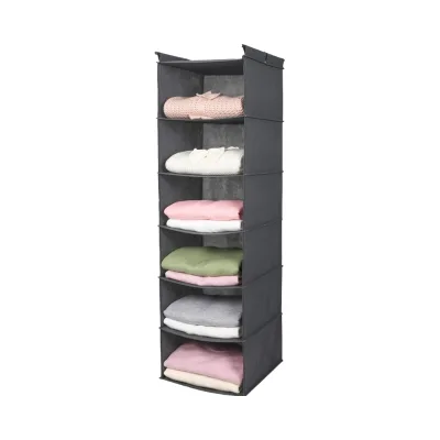 MAX Houser Sturdy 6-Tier Grey Fabric Hanging Closet Organizer with 2-Hook Storage Shelf Foldable for Clothing Storage