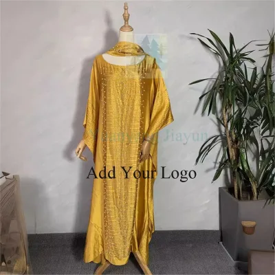 African Dress Rhinestone Design Silk Satin Bat Sleeve Long Dress With Scarf Plus Size African Dresses