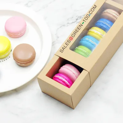 Custom Macaroon Kraft Paper Boxes Bakery Cookies White Macaron Sliding Drawer Box Packaging with Clear Window