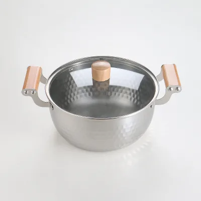 Baby Food Supplement Flat Pot Induction Cooker Uncoated Stainless Steel 304 Double-Eared Soup Pot with Solid Wood Handle