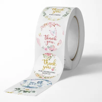 Handmade 2.5cm Diameter Floral Thank You Adhesive Stickers 500 Pieces Per Roll Laminated Paper Holiday Decorative Labels