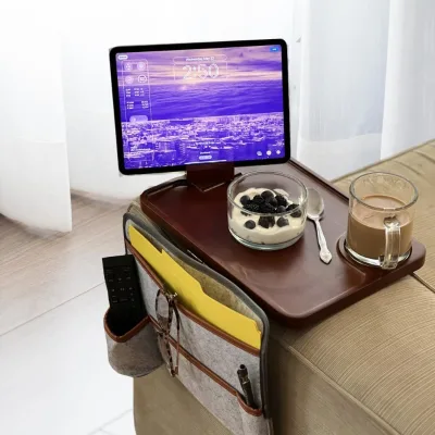 Wholesale Bamboo Side Tables Sofa Armrest Clip-On Tray Sofa Armrest Tray with Rotating Phone Holder