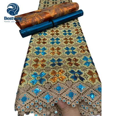 High Quality African Guipure Lace Sequins Embroidered Hollow Lace Fabric for African Women Evening Gown