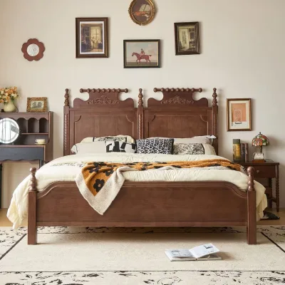Traditional Wooden French European Hand Carved Birch King/Queen Size Bed