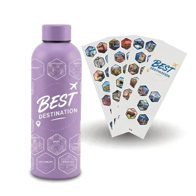 Double Wall 500ml Narrow Mouth Flask with Vacation Destination Sticker, Sweat-Proof Water Bottle for Gym Workout