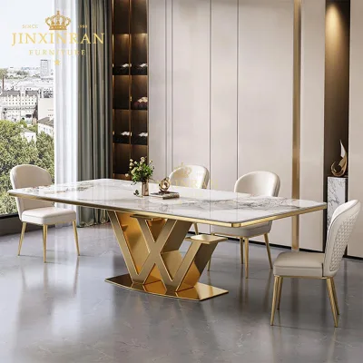 White Gold Vein W Shape Double V Cross Gold Mirror Stainless Steel Base Home Kitchen Living Room Rectangle Marble Dining Table