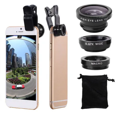3-in-1 Clip on Phone Camera Lens 180 Fisheye Wide Angle Macro Lens Kit for iPhone Samsung Android Smartphones Travel Photography