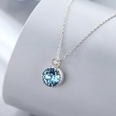 Fashion Popular 925 Sterling Silver Jewelry Ocean Blue Round Stone Pendant Necklace for Womens