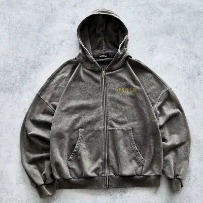 Custom Heavyweight Hoodies Men French Terry Cotton Hot Fix Rhinestone Streetwear Boxy Distressed Faded Acid Wash Zip up Hoodie